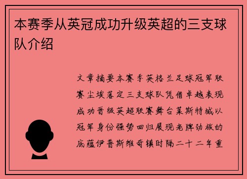 本赛季从英冠成功升级英超的三支球队介绍