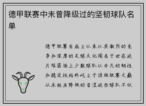 德甲联赛中未曾降级过的坚韧球队名单