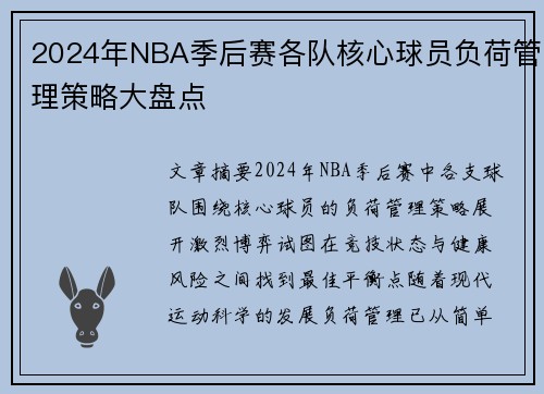 2024年NBA季后赛各队核心球员负荷管理策略大盘点