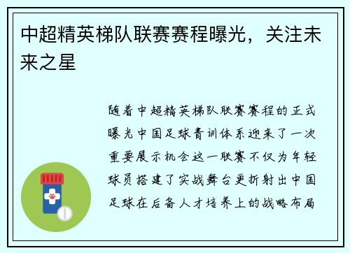 中超精英梯队联赛赛程曝光，关注未来之星